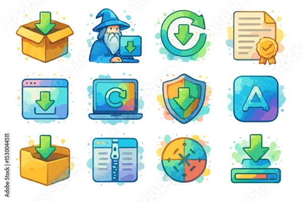 Fototapeta Colorful digital icons for downloading and security