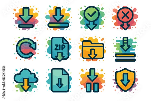Fototapeta Colorful download icons set with cloud and file symbols on abstract background