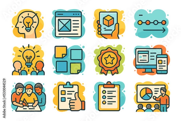 Fototapeta Creative teamwork and project management colorful icon set
