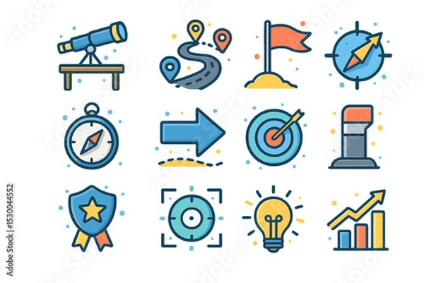 Fototapeta Colorful navigation and planning icons with telescope and compass