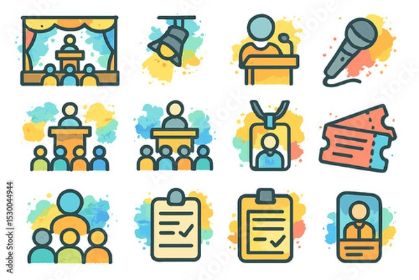 Fototapeta Conference and presentation icons with microphone and podium