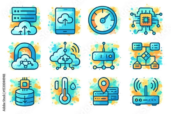 Fototapeta Watercolor style technology icons illustrating cloud computing and networking