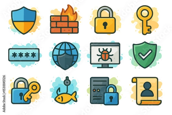 Fototapeta Cybersecurity icons: shield, lock, firewall, password, virus, privacy, protection