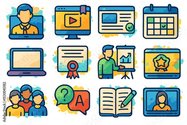 Fototapeta Cartoon icons: online learning and virtual communication elements