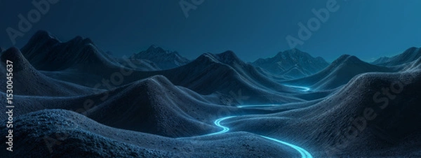 Obraz Glowing paths wind through dark, wavy mountains in a moody, hyperreal landscape of deep blues and blacks
