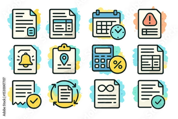 Fototapeta Colorful icon set of documents, calendars, and notifications on gradient background