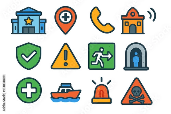 Fototapeta Colorful emergency and safety icons with various symbols and signs