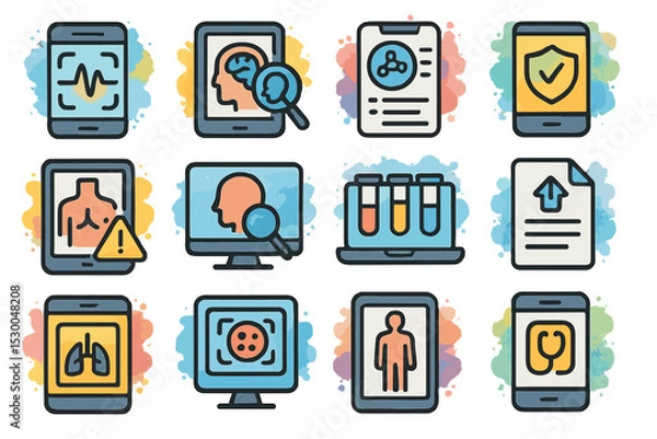 Fototapeta Digital health icons on devices displaying medical apps and diagnostics