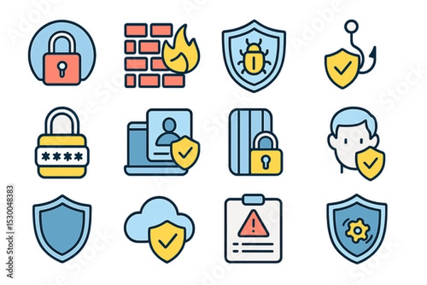 Fototapeta Cybersecurity icons: locks, shields, firewalls, phishing, cloud protection