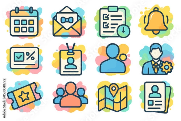 Fototapeta Colorful icons of calendar, envelope, checklist, bell, chart, id, gear, ticket, map