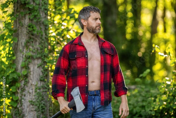 Obraz Brutality and masculinity. Hispanic lumberjack man with axe. Lumberjack axe. Man with logging axe. Brutal man in unbuttoned shirt. Lumberjack hardworking outdoor. Brutal lumberjack. Chopping wood