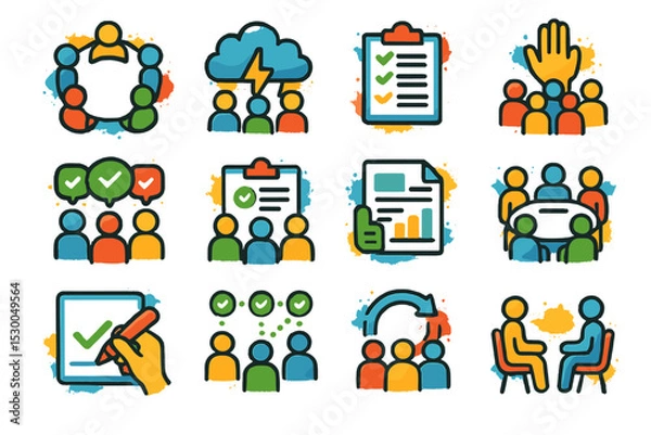 Fototapeta Colorful business icons set featuring teams, meetings, and collaboration