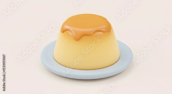 Obraz Custard Pudding Dessert with Caramel Sauce on Pale Blue Plate