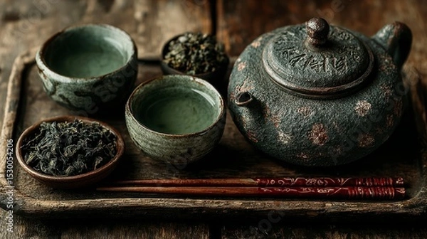 Obraz Tea Ceremony Still Life Rustic Teapot and Cups with Dried Leaves