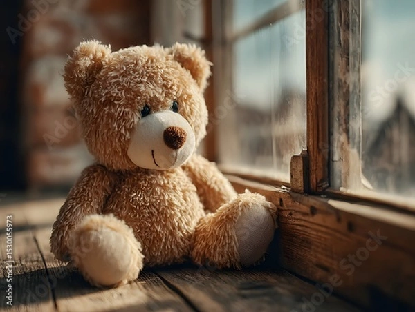 Fototapeta A soft brown teddy bear sitting with its back turned on a sunlit wooden floor. Warm and nostalgic, perfect for emotional storytelling, childhood memory, or quiet moments of reflection.