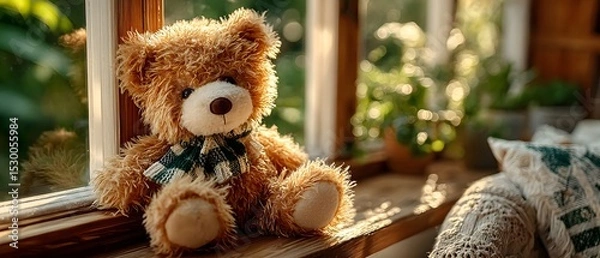 Fototapeta A soft brown teddy bear sitting with its back turned on a sunlit wooden floor. Warm and nostalgic, perfect for emotional storytelling, childhood memory, or quiet moments of reflection.