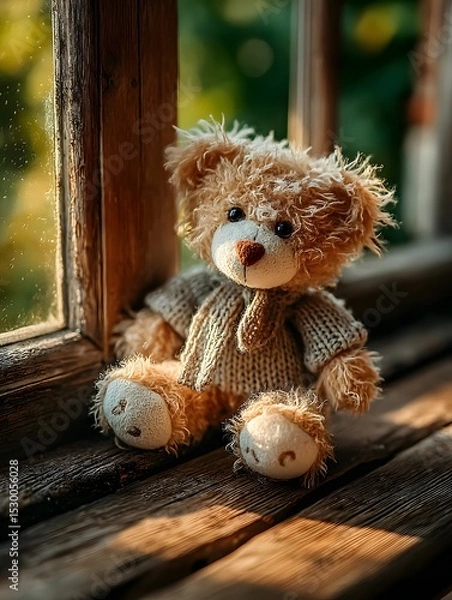 Fototapeta A soft brown teddy bear sitting with its back turned on a sunlit wooden floor. Warm and nostalgic, perfect for emotional storytelling, childhood memory, or quiet moments of reflection.