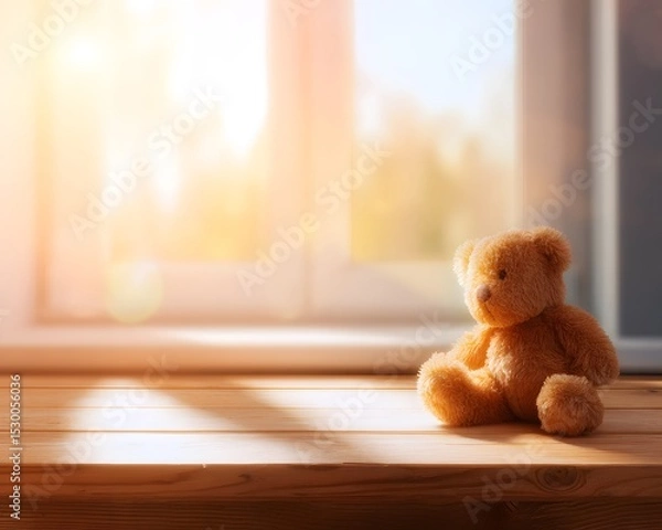Fototapeta A soft brown teddy bear sitting with its back turned on a sunlit wooden floor. Warm and nostalgic, perfect for emotional storytelling, childhood memory, or quiet moments of reflection.