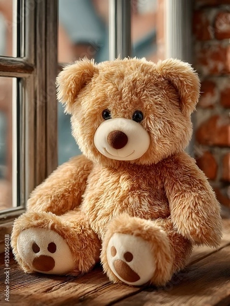 Fototapeta A soft brown teddy bear sitting with its back turned on a sunlit wooden floor. Warm and nostalgic, perfect for emotional storytelling, childhood memory, or quiet moments of reflection.