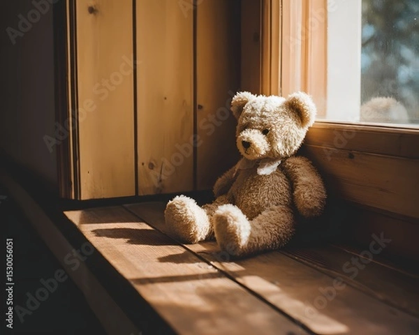 Fototapeta A soft brown teddy bear sitting with its back turned on a sunlit wooden floor. Warm and nostalgic, perfect for emotional storytelling, childhood memory, or quiet moments of reflection.