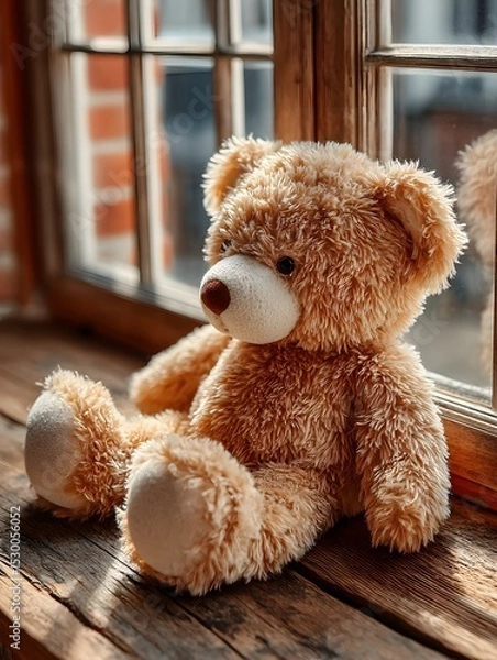 Fototapeta A soft brown teddy bear sitting with its back turned on a sunlit wooden floor. Warm and nostalgic, perfect for emotional storytelling, childhood memory, or quiet moments of reflection.