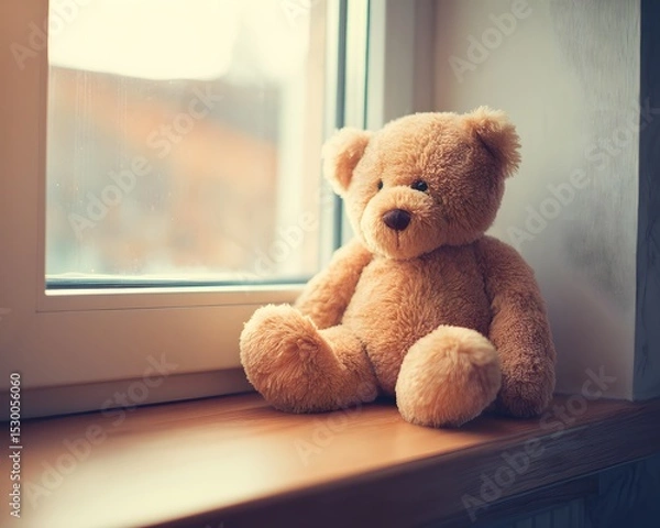 Fototapeta A soft brown teddy bear sitting with its back turned on a sunlit wooden floor. Warm and nostalgic, perfect for emotional storytelling, childhood memory, or quiet moments of reflection.