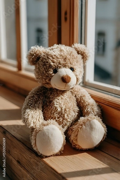 Fototapeta A soft brown teddy bear sitting with its back turned on a sunlit wooden floor. Warm and nostalgic, perfect for emotional storytelling, childhood memory, or quiet moments of reflection.