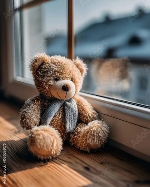 Fototapeta A soft brown teddy bear sitting with its back turned on a sunlit wooden floor. Warm and nostalgic, perfect for emotional storytelling, childhood memory, or quiet moments of reflection.