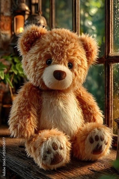 Fototapeta A soft brown teddy bear sitting with its back turned on a sunlit wooden floor. Warm and nostalgic, perfect for emotional storytelling, childhood memory, or quiet moments of reflection.