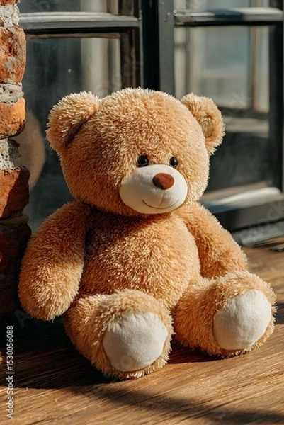 Fototapeta A soft brown teddy bear sitting with its back turned on a sunlit wooden floor. Warm and nostalgic, perfect for emotional storytelling, childhood memory, or quiet moments of reflection.