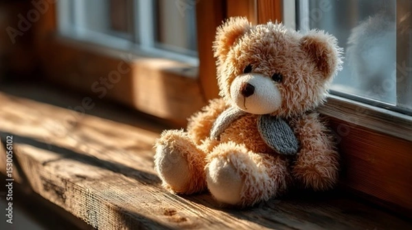 Fototapeta A soft brown teddy bear sitting with its back turned on a sunlit wooden floor. Warm and nostalgic, perfect for emotional storytelling, childhood memory, or quiet moments of reflection.