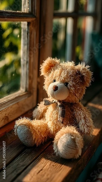 Fototapeta A soft brown teddy bear sitting with its back turned on a sunlit wooden floor. Warm and nostalgic, perfect for emotional storytelling, childhood memory, or quiet moments of reflection.