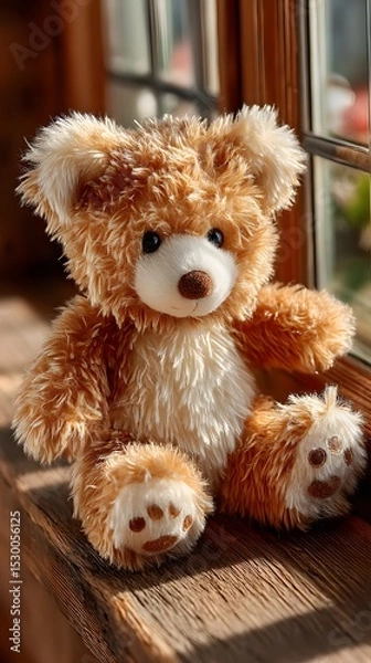 Fototapeta A soft brown teddy bear sitting with its back turned on a sunlit wooden floor. Warm and nostalgic, perfect for emotional storytelling, childhood memory, or quiet moments of reflection.