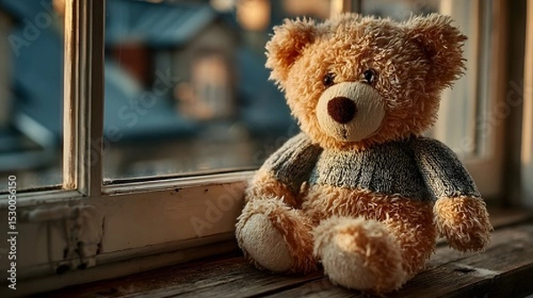 Fototapeta A soft brown teddy bear sitting with its back turned on a sunlit wooden floor. Warm and nostalgic, perfect for emotional storytelling, childhood memory, or quiet moments of reflection.