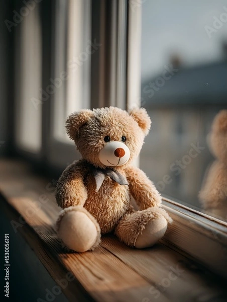 Fototapeta A soft brown teddy bear sitting with its back turned on a sunlit wooden floor. Warm and nostalgic, perfect for emotional storytelling, childhood memory, or quiet moments of reflection.