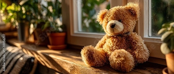 Fototapeta A soft brown teddy bear sitting with its back turned on a sunlit wooden floor. Warm and nostalgic, perfect for emotional storytelling, childhood memory, or quiet moments of reflection.