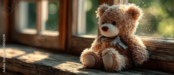 Fototapeta A soft brown teddy bear sitting with its back turned on a sunlit wooden floor. Warm and nostalgic, perfect for emotional storytelling, childhood memory, or quiet moments of reflection.