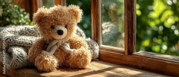 Fototapeta A soft brown teddy bear sitting with its back turned on a sunlit wooden floor. Warm and nostalgic, perfect for emotional storytelling, childhood memory, or quiet moments of reflection.