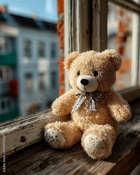 Fototapeta A soft brown teddy bear sitting with its back turned on a sunlit wooden floor. Warm and nostalgic, perfect for emotional storytelling, childhood memory, or quiet moments of reflection.