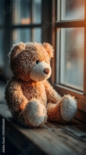 Fototapeta A soft brown teddy bear sitting with its back turned on a sunlit wooden floor. Warm and nostalgic, perfect for emotional storytelling, childhood memory, or quiet moments of reflection.