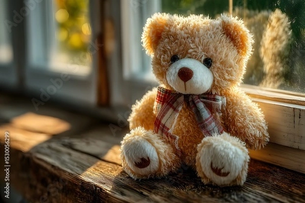 Fototapeta A soft brown teddy bear sitting with its back turned on a sunlit wooden floor. Warm and nostalgic, perfect for emotional storytelling, childhood memory, or quiet moments of reflection.