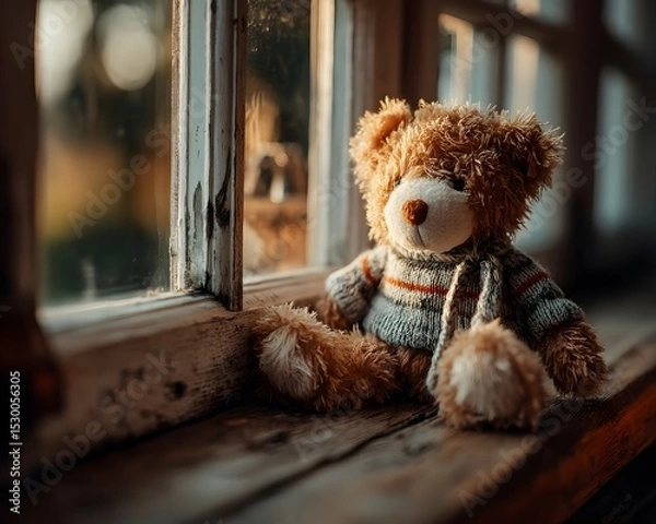 Fototapeta A soft brown teddy bear sitting with its back turned on a sunlit wooden floor. Warm and nostalgic, perfect for emotional storytelling, childhood memory, or quiet moments of reflection.