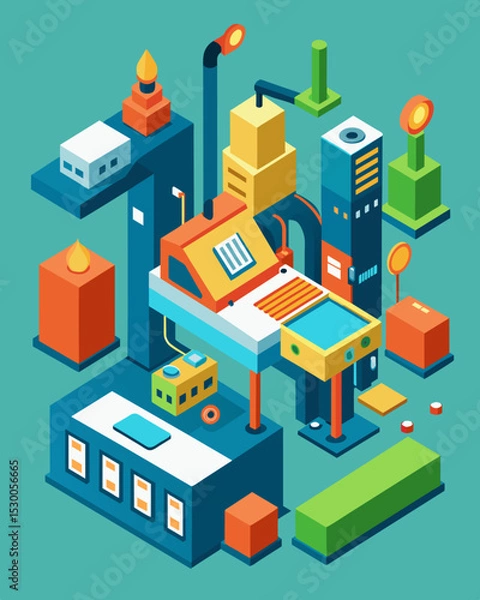 Fototapeta A factory using digital manufacturing technologies such as 3D printing to reduce the amount of physical waste produced during production.. Vector illustration
