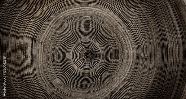 Fototapeta Warm gray cut wood texture. Detailed black and white texture of a felled tree trunk or stump. Rough organic tree rings with close up of end grain.