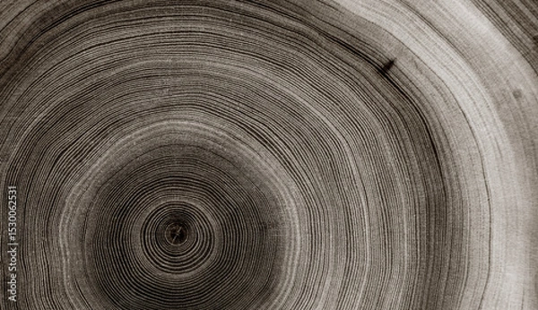 Fototapeta Warm gray cut wood texture. Detailed black and white texture of a felled tree trunk or stump. Rough organic tree rings with close up of end grain.