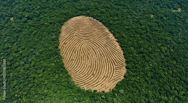 Obraz Surreal satellite view showing fingerprint-shaped deforestation scars in the middle of a dense forest. Lush green canopy vs. barren land, concept art about human footprints in the forest.