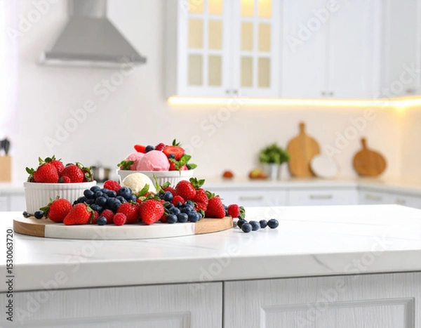 Fototapeta Vibrant array of fresh berries and ice cream, showcasing strawberries and blueberries in modern kitchen setting, evokes sense of summer delight and indulgence