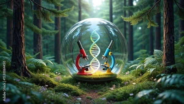 Fototapeta Scientific Discovery in Nature: Microscopes & DNA Inside a Glass Sphere, Forest Background, Biology Research, Genetics, Medical Breakthroughs, Environmental Science
