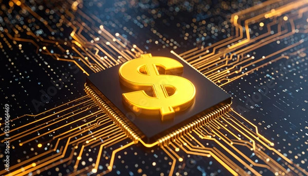 Fototapeta Digital dollar symbol embedded in circuit board, glowing with vibrant colors and intricate data streams, represents fusion of finance and technology in modern world