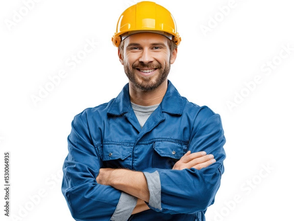 Fototapeta Confident Construction Worker: A skilled and cheerful construction worker wearing a yellow helmet and blue overall, embodies competence and reliability in the field of construction.